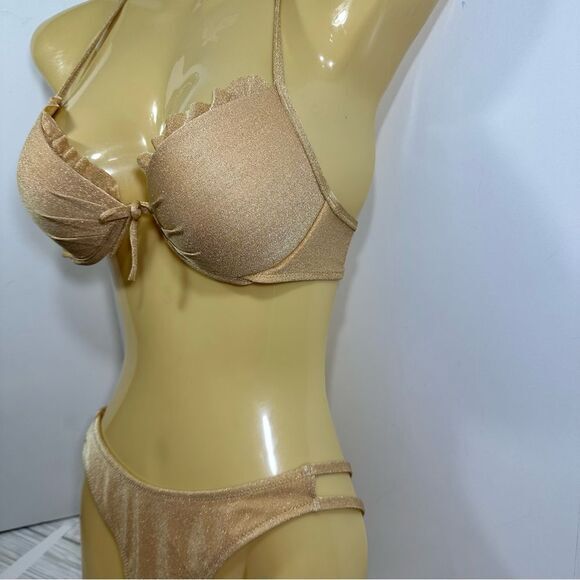 VICTORIA’S SECRET GOLD SHIMMER RUFFLE TRIM HALTER BIKINI TOP & BOTTOM‎ SET 32B/S - Picture 5 of 9